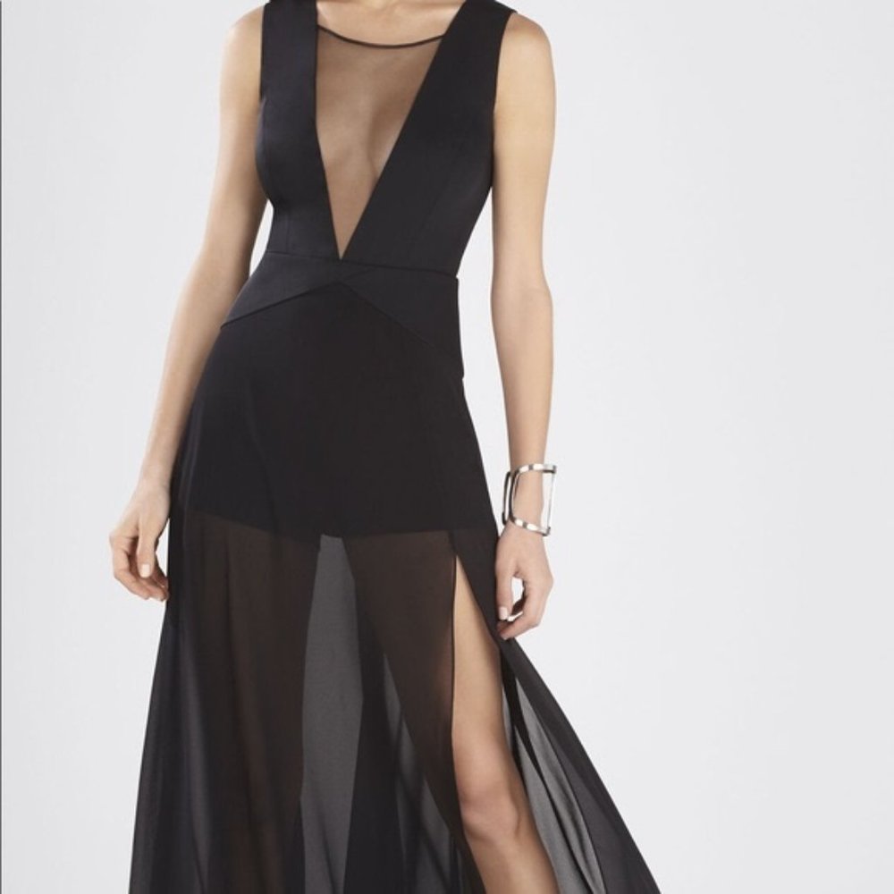 BCBGMaxAzria Halee Sheer Black Romper Gown Plunging Neckline - Size: 8